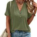 Womens Button V Neck T Shirts Rolled Short Sleeve Loose Fit Casual Summer Tops Tee Shirts (Green)