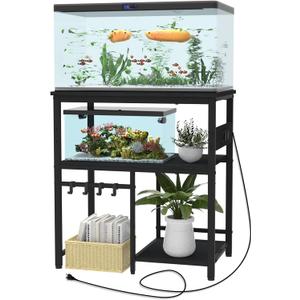 20-29-37 Gallon Fish Tank Stand, 3-Tier Aquarium Stand with Power Outlet Reptile Tank Stand Heavy Duty Terrarium Stand for Home Office, Black