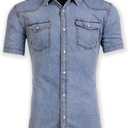 Men's Short Sleeve Double Pocket Snap Denim Shirt, XXL