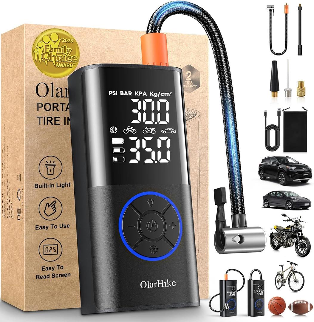 OlarHike Tire Inflator Portable Air Compressor, Smart Dual Hose System, 160PSI Auto Air Pump for Car Tires, Bike,Bicycle, Motorcycles,Electric Pump with LED Light & Digital Pressure Gauge