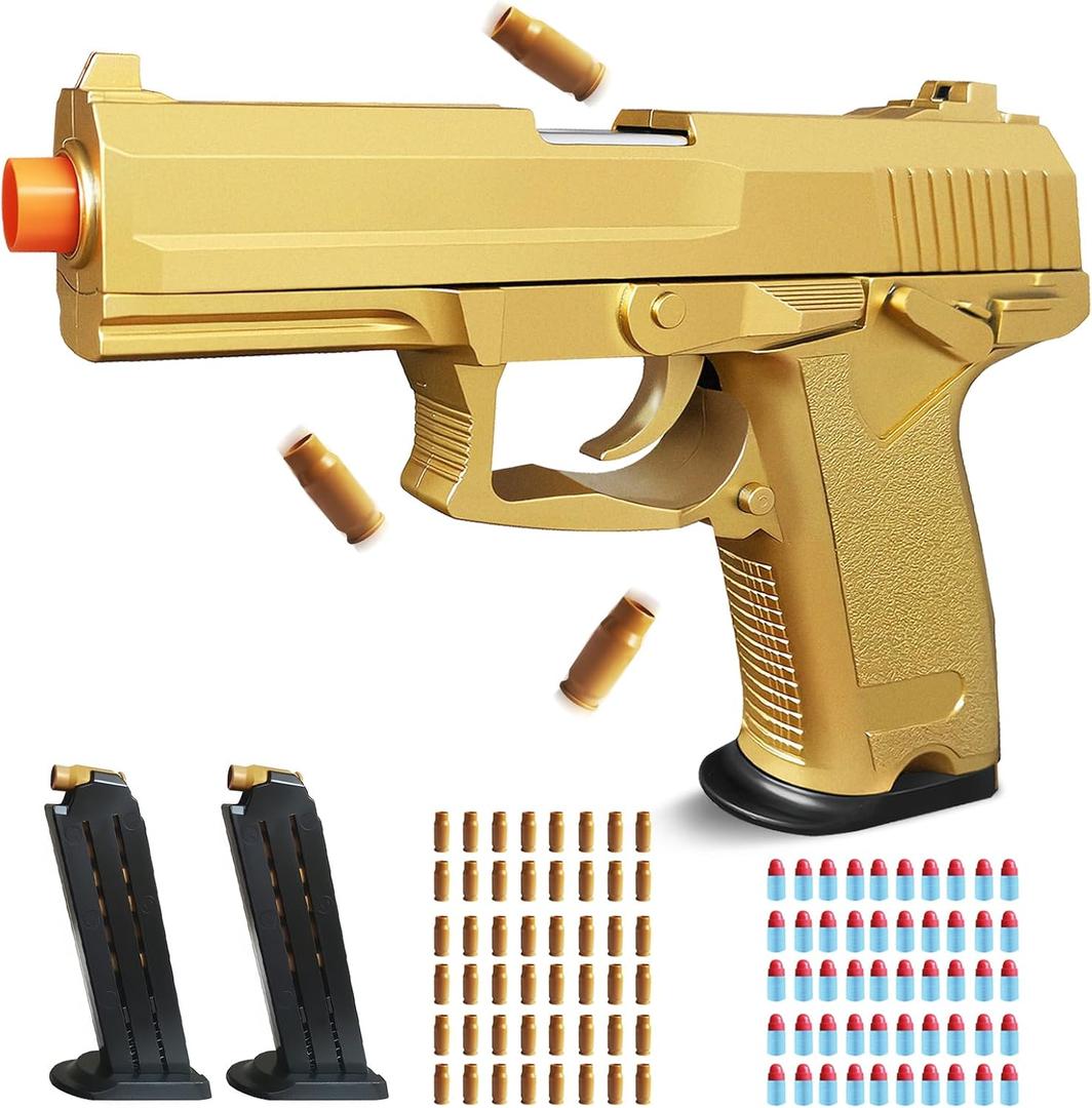 Gold Soft Bullet Toy Gun Shell Ejecting for Age 8, 9, 10, 11, 12+ Years Old Boys, Realistic Toy Pistol with 50 Foam Bullets, 48 Shells & 2 Clips, Ideal Christmas Birthday Gift for Kids Adults
