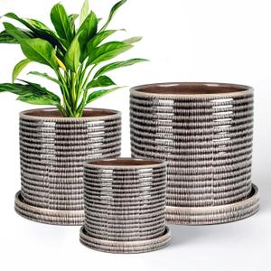 EFISPSS Ceramic Plant Pots, 6+8+10 Inch Ceramic Pot for Plants, Flower Pots with Drainage Hole and Saucer, Planters Pot for Indoor Outdoor Plants, Set of 3 - Brow (Gray)