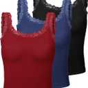 Sintege 3 Pcs Women's Lace Patchwork Tank Top Lace Camisole Tank Sleeveless Cami Crop Lacework Trim Y2k Tops (Medium, Black, Navy Blue,  Red)