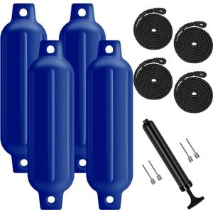 Boat Fenders 4 Pack, Ribbed Twin Eyes Boat Fenders Bumpers for Docking, Inflatable Marine Boat Bumper with 4 Ropes, 4 Needles and 1 Pump (6.5", blue)