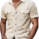 VIPWOLF Men's Corduroy Shirts Button Down Short Sleeve Dual Pockets Work Travel Shirt Top (S)
