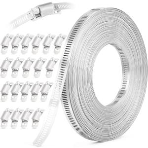 OURU 50FT Hose Clamps,304 Stainless Steel Hose Clamp Assortment Kit DIY Metal Strapping with Holes+20 Fasteners,Adjustable Worm Gear Large Hose Clamps Metal Band Screw Clamp Straps for Pipe,Duct,Tube