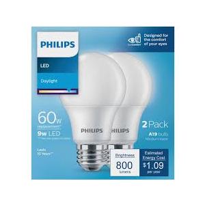Philips LED 60W A19 2-Pack Basic Daylight (5000K) 800 Lumen (9W = 60W) Frosted Flicker-Free Light Bulbs