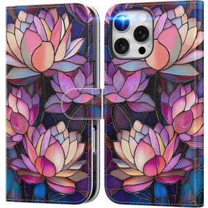 DEENAKIN for iPhone 16 Pro Max Wallet Case with Card Holder + Cash Clip, RFID-Blocking, Military-Grade Drop Protection & UV-Printed Artwork, Magnetic Closure with Leather Kickstand - Blooming Lotus