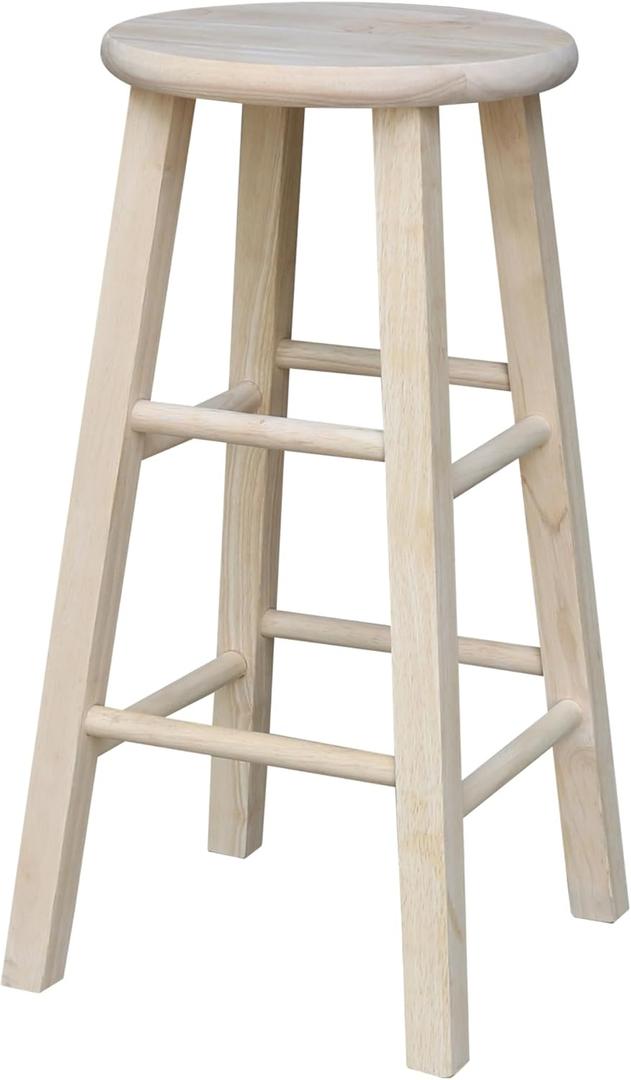 IC International Concepts, Round Top Stool-24" Seat Ht, 12.5"W x 12.5"D x 24"H, Solid Parawood, 24"H, 225 lb Wt. Capacity, Kitchen/Dining, Fully Assembled, DIY, Paint/ Stain In Any Color, Unfinished