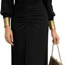 Womens V-Neck Long Sleeve Ruched Bodycon Dress Elegant Formal Cocktail Party Evening Maxi Dresses (Black, M)