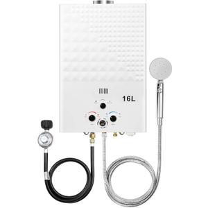 Tankless Water Heater Propane 4.21GPM 16L Outdoor Portable GasHot Water Heater Instant Propane Water Heater with Digital Display Multi-Protection for Camping Trips Boat Cabins (White)
