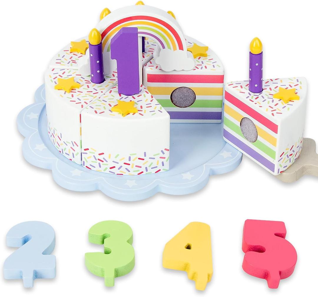 Pretend Play Food for Toddlers 2-5,Wooden Birthday Fake Cake with Candles and Numbers,Tea Party Learning Kitchen Gift Toys for Boys Girls (Rainbow Cake)