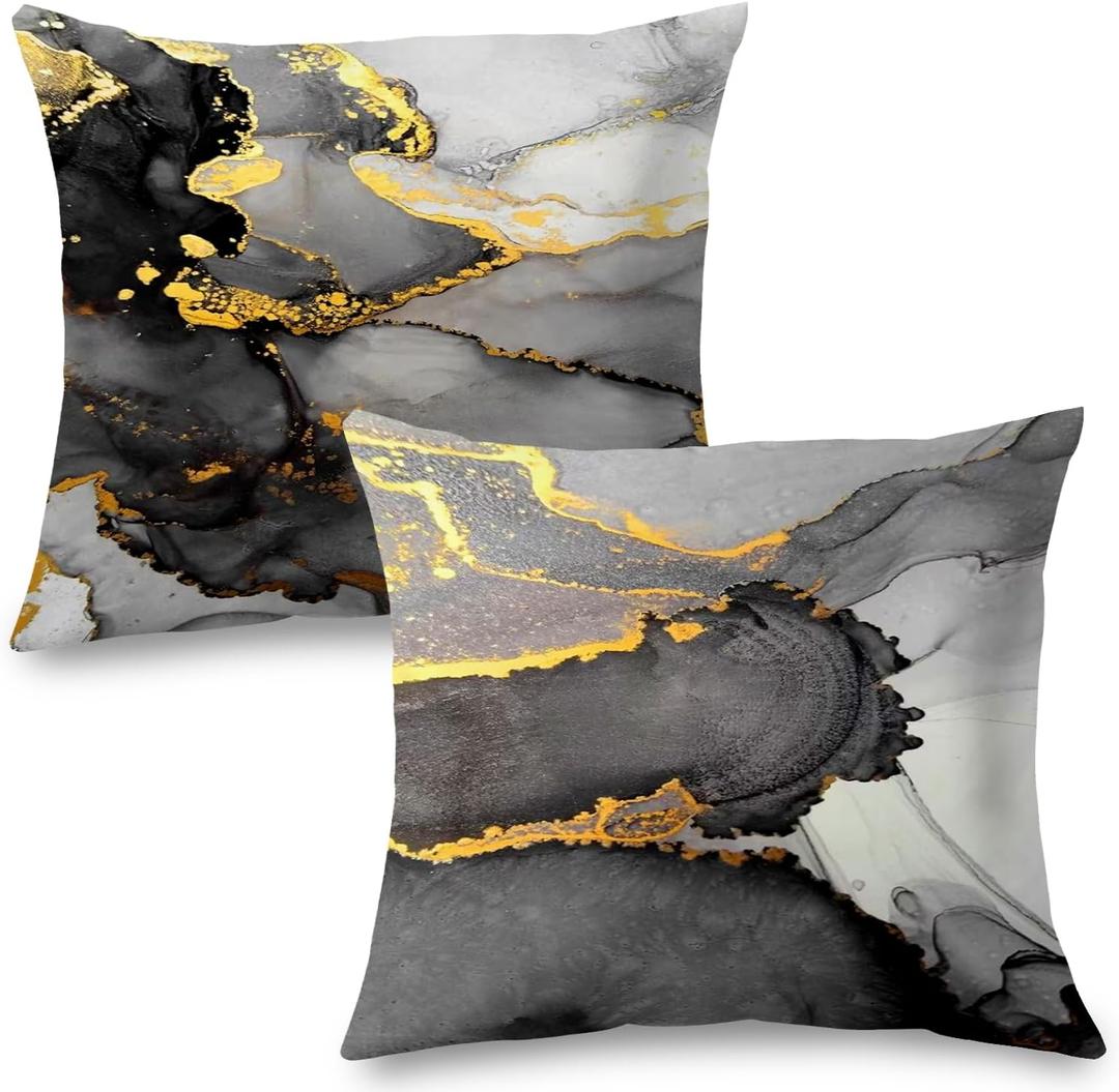 Black Grey and Gold Marble Texture Pillow Covers 22"x22" Double-Sided, Abstract Modern Decorative Throw Pillow Covers for Living Room Bedroom, Modern Home Decor, Black and Gold Decor, Set of 2