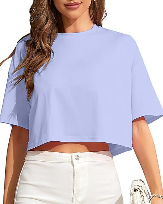 Womens Workout Cropped T Shirts Short Sleeve Drop Shoulder Tees Round Neck Loose Fit Basic Solid Crop Tops (XL)