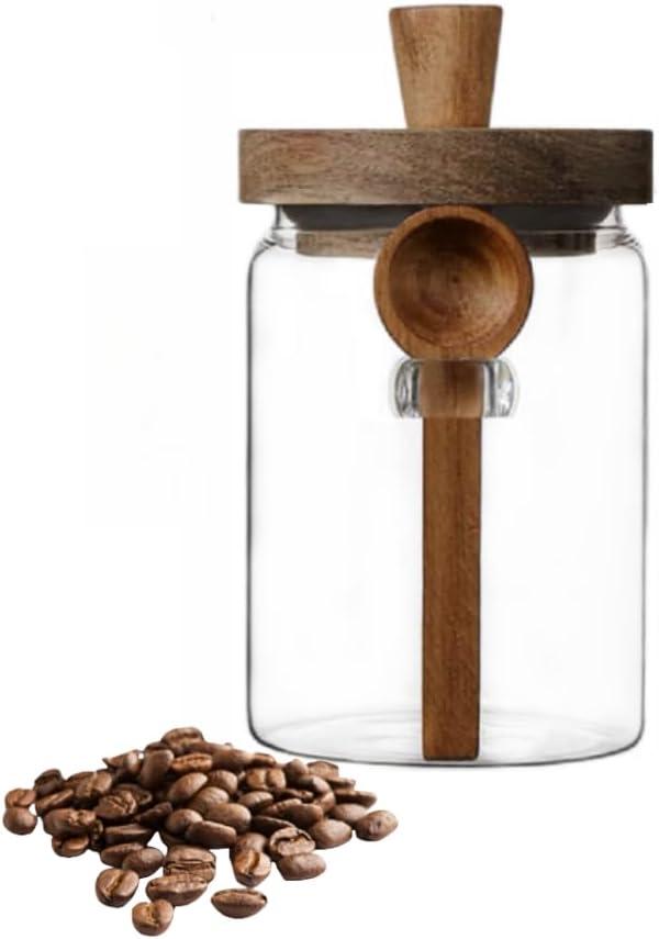 ANSQU Glass Jar with Wooden Lid & Spoon, 27oz Food Storage Containers Coffee Jar Coffee Grounds Container, Glass Food Storage Canister (1 Pack)