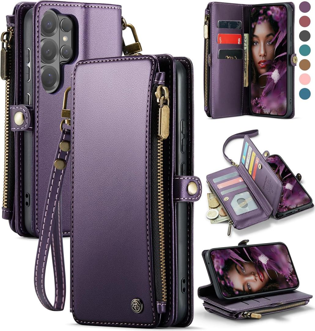 Defencase for Galaxy S26 Ultra Case Wallet with RFID Blocking Card Holder for Women Men, PU Leather Magnetic Snap Flip Wrist Strap Zipper Wallet Phone Cases for Samsung Galaxy S26 Ultra 6.9", Purple