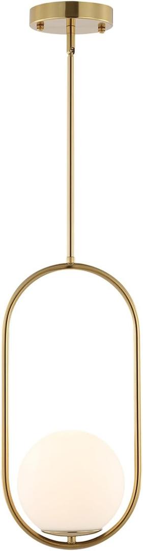 BYOLIIMA Modern Gold Globe Pendant Light Mid Century Chandelier 1-Light Brushed Brass Ceiling Hanging Lighting Fixture with White Globe Glass Shade for Kitchen Island Dining Room Bedroom
