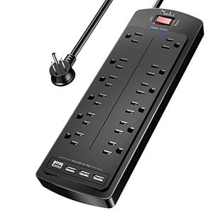 Power Strip, Nuetsa Surge Protector with 12 Outlets and 4 USB Ports, 6 Feet Flat Plug Extension Cord (1875W/ 15A) for for Home, Office, Dorm Essentials, 2700 Joules, ETL Listed (Black)