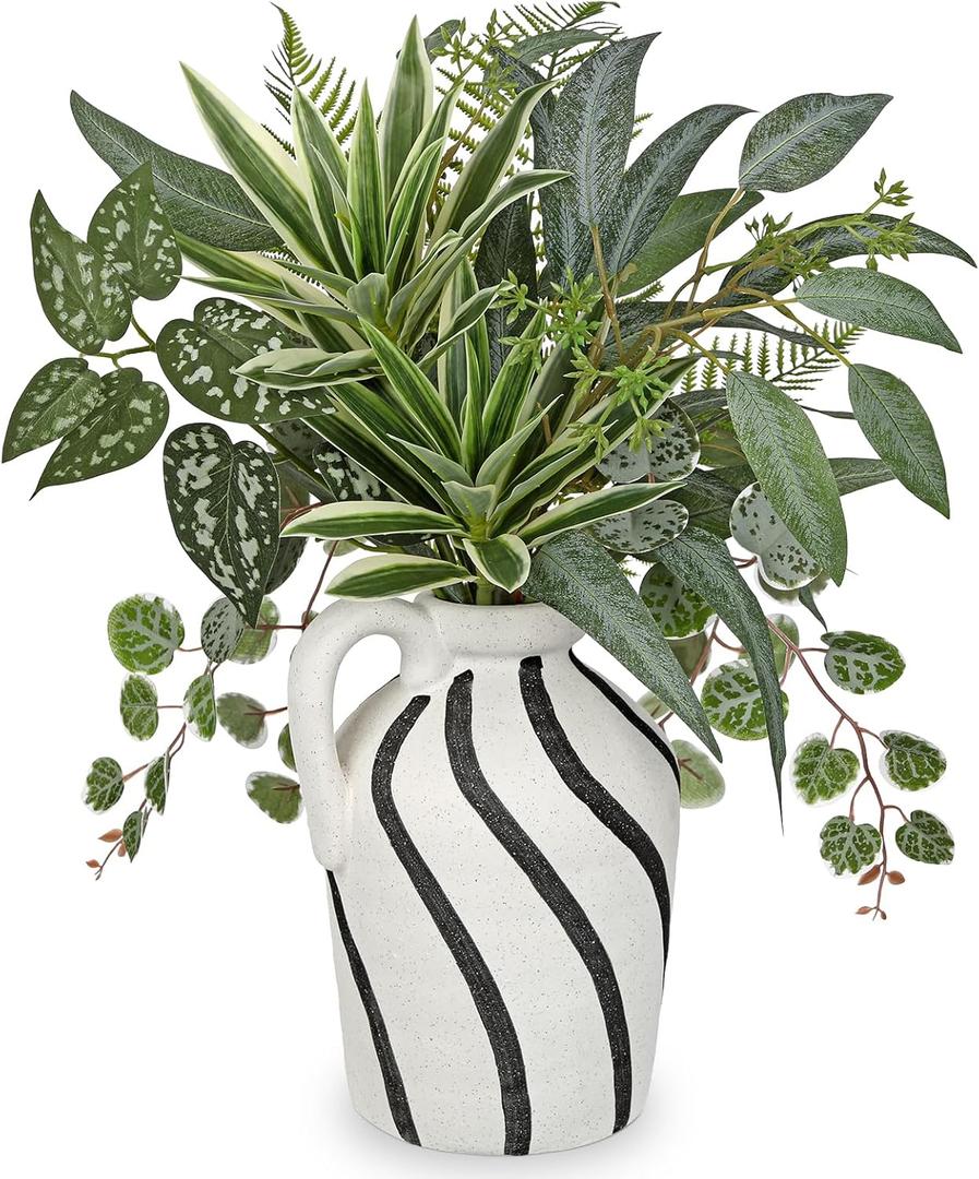 Artificial Greenery Arrangement with Cement Vase, Fake Potted Plants in Rustic Jug Planter, Faux Leaf Bouquet for Table Centerpiece, Farmhouse Home Decor, Dining Room, Living Room, Shelf Decoration