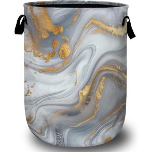White Gold Marble Laundry Basket, Laundry Hamper Collapsible Oxford Cloth with Handle Clothes Toy Storage Bin for Bathroom Laundry Room Bedroom 15.7 X 20 Inch