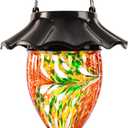 LUJII Solar Hummingbird Feeder for Outdoors Hanging with Color Changing, Hand Blown Glass Reservoir, 32 fl.oz, Never Leak, Lighted Lantern for Garden Decor, Unique Gift for Bird Lover (Red)