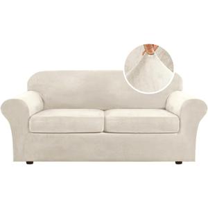 H.VERSAILTEX Real Velvet Plush 3 Piece Stretch Sofa Covers Couch Covers for 2 Cushion Couch Sofa Slipcovers Width Up to 90 Inch Feature Thick Soft Stay in Place (Large Sofa, Ivory)