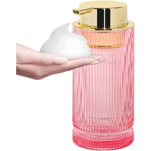 Foaming Soap Dispenser, Pink Glass Foam Hand Soap Dispenser with Gold Pump, 14 Oz Bathroom Refillable Liquid Lotion Pump Ribbed Bottle Container for Kitchen Countertop Decor, 1