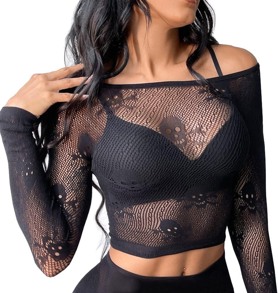Buitifo Women Sexy Crop Top Fishnet Lingerie Skull Cosplay Tee Shirt Blouse Exotic Beach Cover Up