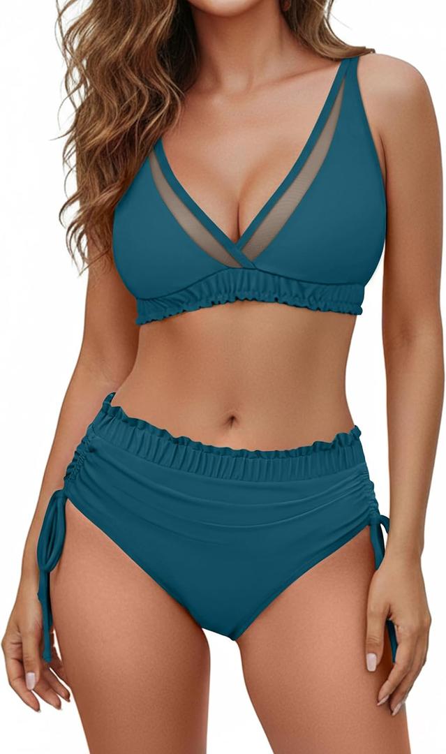 Blooming Jelly Womens Bikini Sets Push Up Two Piece Swimsuit Mesh Modest Bathing Suits Mid Rise Bottom (Small, Blue-green)