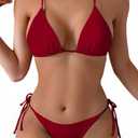 Tainehs Women's Sexy Halter Thong Bikini Tie Two Sides Bottom Triangle Bikini Swimsuits Red M