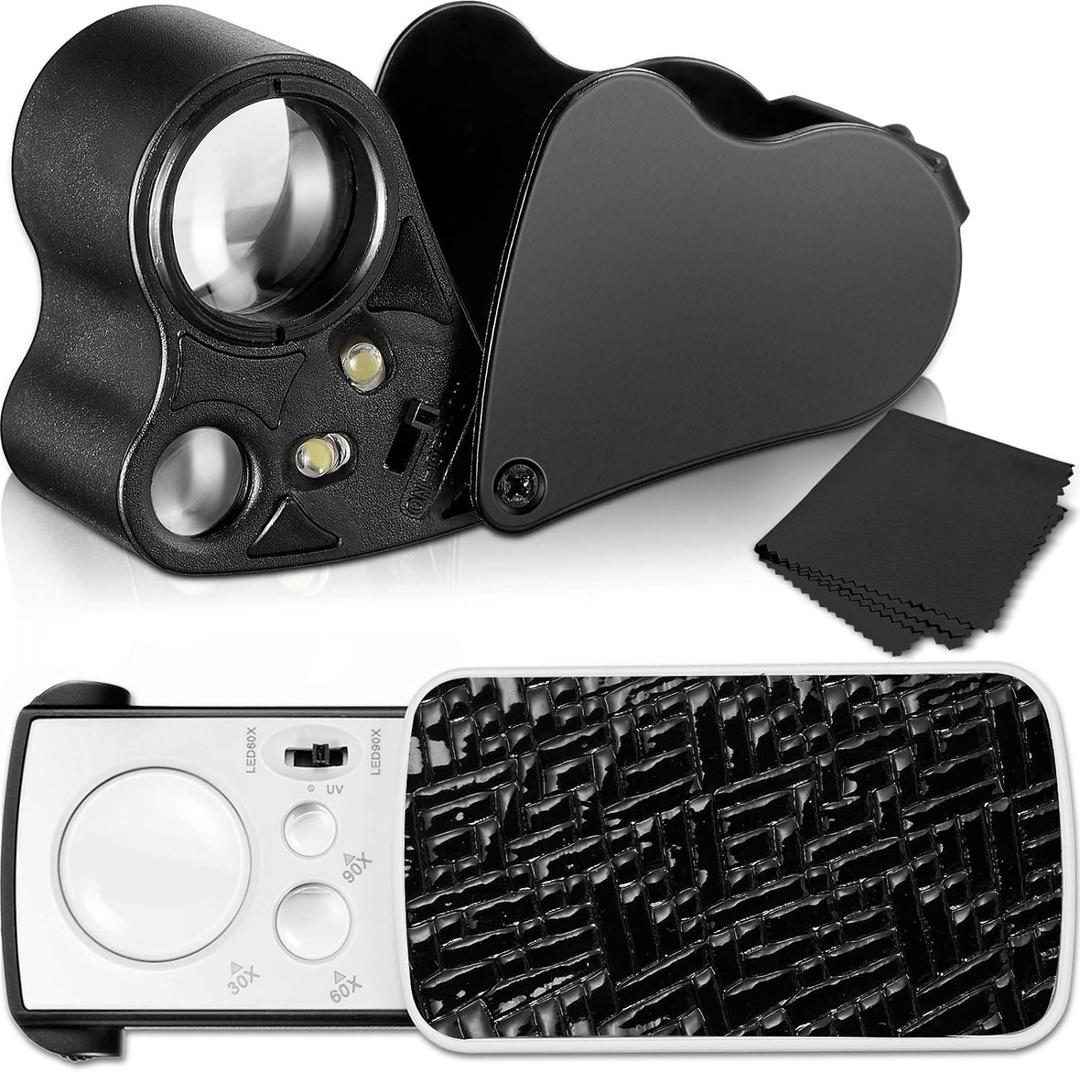 2 Pieces Jewelers Loupe 30X 60X 90X Illuminated Eye Loupe Magnifier Jewelry Magnifying Glass Loop with UV Black Light and Bright LED Light for Diamond Gem Coin Stamp Rock(Black) (Black)