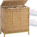 Laundry Hamper with Lid 132 L, (35 Gallons) Clothes Hamper with Lid, Handwoven Rattan Laundry Hamper with Metal Heightened Feet, Laundry Hampers with 3 Removable Liner Bags for Laundry-Natural