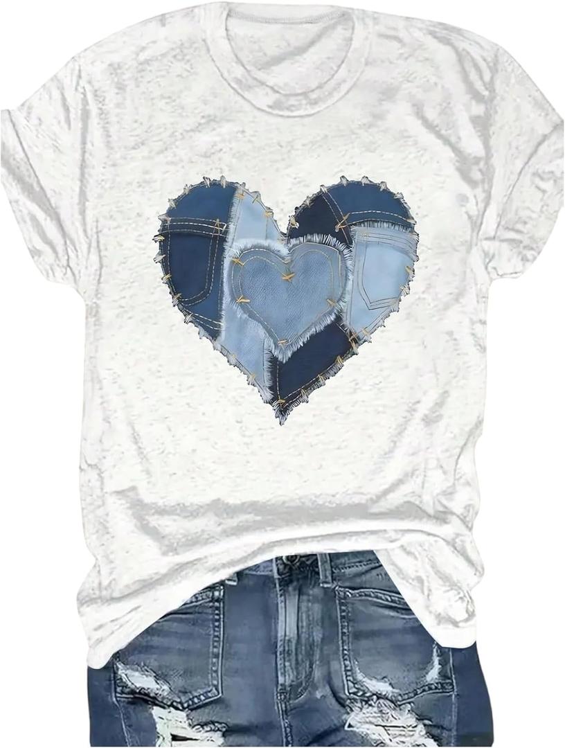 Women's Heart Patchwork Lemon Fruit Printed Summer T Shirt Short Sleeve Crewneck Graphic Tees Tops (L)