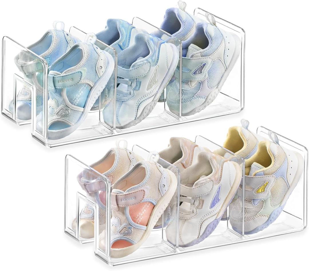 Widened 4.17 Inch Clear Acrylic Kids Shoe Rack for Closet Organizers and Storage 2 Pack, 3 Sections Small Toddler Baby Shoe Storage Organizer Shelf, Desk File Sorter Book Purse Organizer