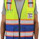 Dib Safety Reflective Mesh Vest High Visibility Two Tone with Pockets and Zipper, Yellow and Blue Mesh with Orange Trim M