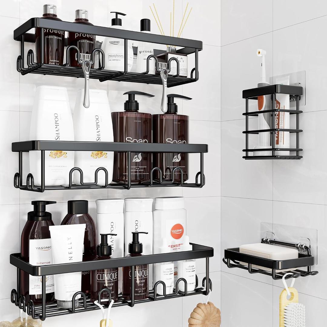 YASONIC Shower Caddy Adhesive, 100% Rustproof Shower Organizer with Soap and Toothbrush Holder, Large Capacity Shower Shelves for Inside Shower, No Drill Shower Storage for Home (5 Pack Black)