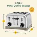 Cuisinart 4 Slice Compact Stainless Steel Toaster with Extra-Wide Slots for Bread, French Toast, Bagels & Pastries, Defrost & Reheat Functions, CPT-180P1, Brushed Stainless, Removable Crumb Tray