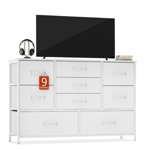 Furnulem Dresser for Bedroom with 9 Fabric Drawers for 55'' Long TV Stand Entertainment Center & Chests of Drawers, Wide Dresser Storage for Living Room, Dorm, Entryway, Sturdy Metal Frame, White