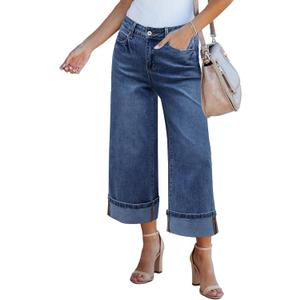 GRAPENT Wide Leg Jeans for Women High Waisted Stretchy Denim Crop Pants Fold Hem Cropped Baggy Jeans with Pockets (XX-Large, Reef Blue)