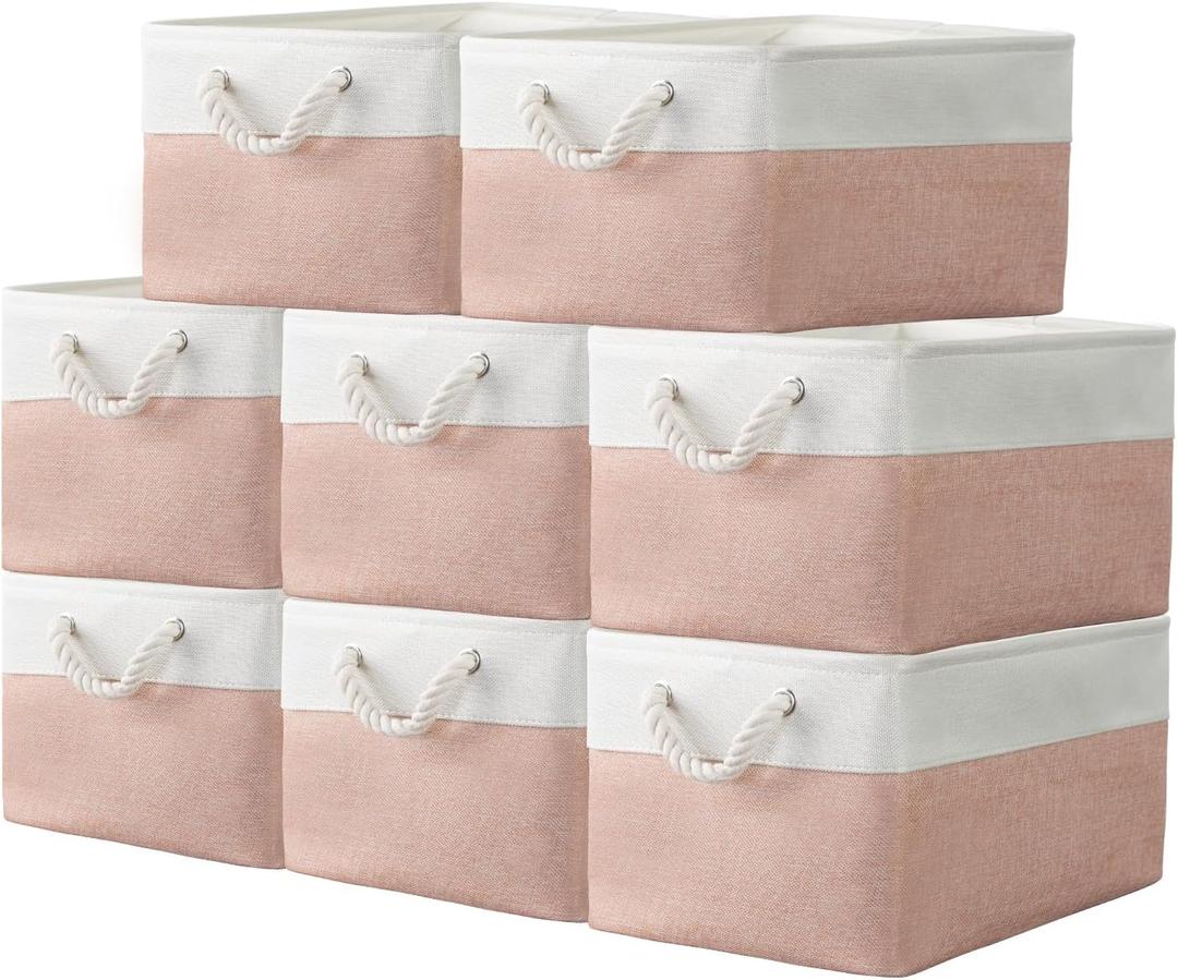 8 pack Storage Basket Bins & Decorative Baskets Fabric Storage Cubes Containers Bulk W/Handles for Office, Home, Books, Clothes, Bedroom, Closet (white/pink)