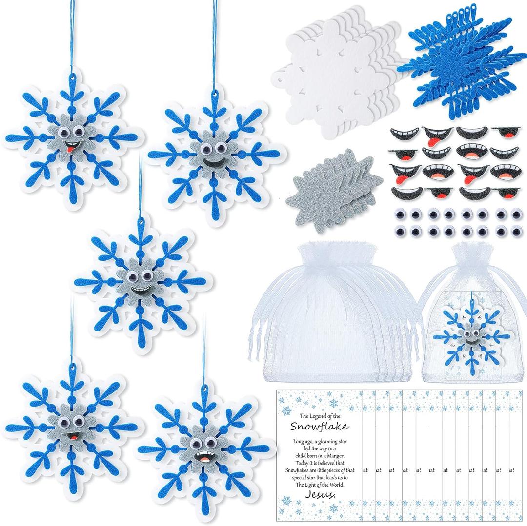 Syhood 25 Sets Winter Snowflake Crafts Kit DIY Snowflake Hanging Ornaments Fun Facial Expressions Cards and Bags for Kids Holiday Classroom Home Activities Party Favors