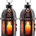 Set of 2 Vintage Large Decorative Moroccan Candle Lantern, 12.8 Metal Hanging&Tabletop Lantern Candle Holder Decor, Christmas Decorations Indoor Outdoor Patio (Amber) Ramadan Decorations