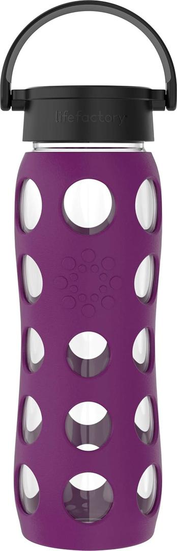 Lifefactory 22-Ounce BPA-Free Glass Water Bottle with Classic Cap and Protective Silicone Sleeve, Plum