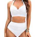 Tempt Me Women's Vintage Swimsuits Pure White Retro Halter Ruched High Waist Bikini with Bottom L (Top Only)