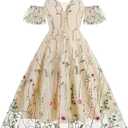 IWEMEK Spaghetti Straps Mesh Floral Embroidery Dress Tulle Flower for Women Embroidered 50s Cocktail Dresses Wedding Guest Tea Party Apricot-Seaweed, Small
