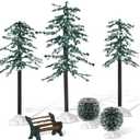 6 Pieces Christmas Village Accessories Trees for Christmas Village Display Houses Pine Greenery Tabletop Tree Snow Pine Xmas Display with Artificial Bush Park Bench for Xmas Decor