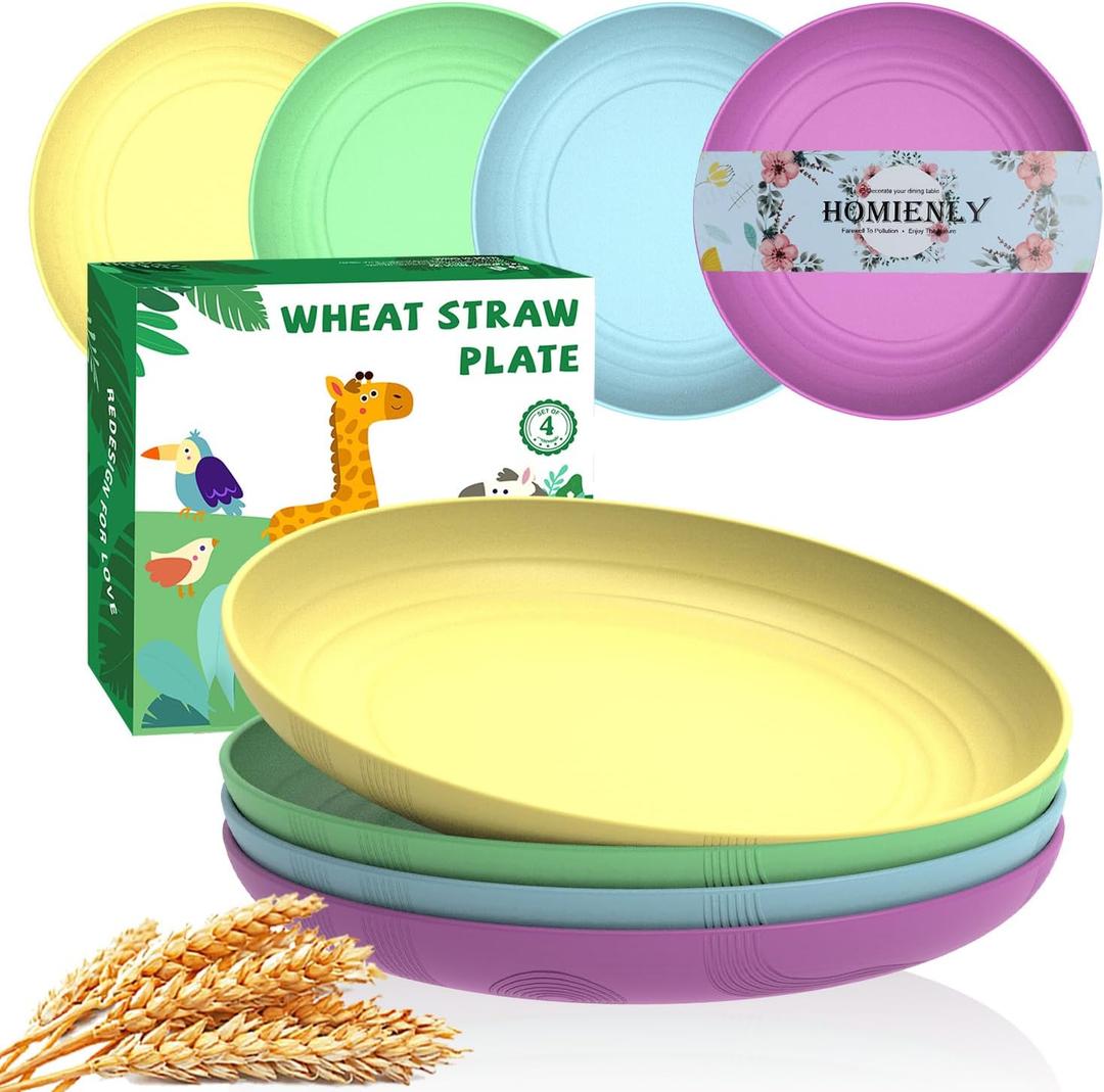Homienly Wheat Straw Plates, Deep Dinner Plates Set of 4, Lightweight Unbreakable Plate Set - 10 Inch Microwave and Dishwasher Safe Plates for Camping, RV, Patio, Kitchen Dishes - Memphis Color