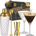 VEMACITY - Luxury Cocktail Shaker Set - Gold Glass Cocktail Shaker with Built-In Strainer + 2 Ribbed Espresso Martini Glasses with Gold Rims, Bar Spoon & Jigger | Ideal for Home Mixology