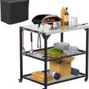 AJinTeby Outdoor Grill Cart for Cuisinart Pizza Oven, 3 Tier Mobile Countertop Cart for Ooni Oven, Fits Blackstone Grill, Stainless Steel Table Stand Work Cart, Outdoor Grill Cart with Storage