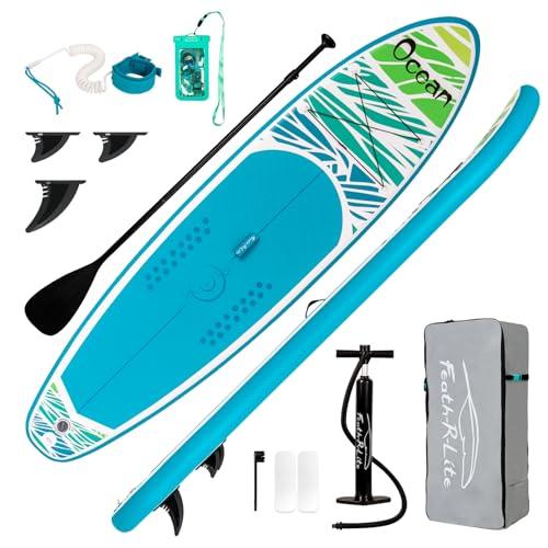 FEATH-R-LITE Inflatable Paddle Board Stand Up Paddleboards for Adults SUP with Premium Accessories Pump, Adjustable Paddle, Leash, Three Fins, Backpack (‎Blue Ocean)